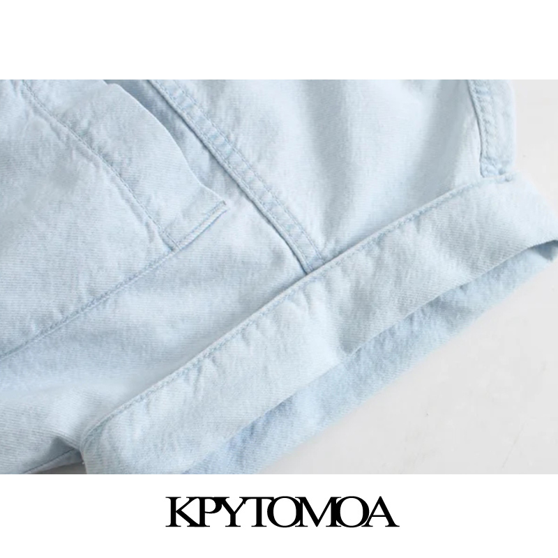 Women Chic Fashion Pockets Denim Playsuits Turn-up Sleeves Elastic Waist Female Short Jumpsuits Mujer 210420