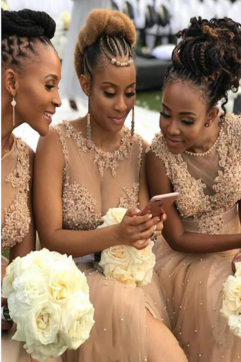 Black girl African Champagne Tulle Bridesmaid Dresses Different Style Same Color beaded Bling Sexy Prom Dresses Front Split Wedding 2021