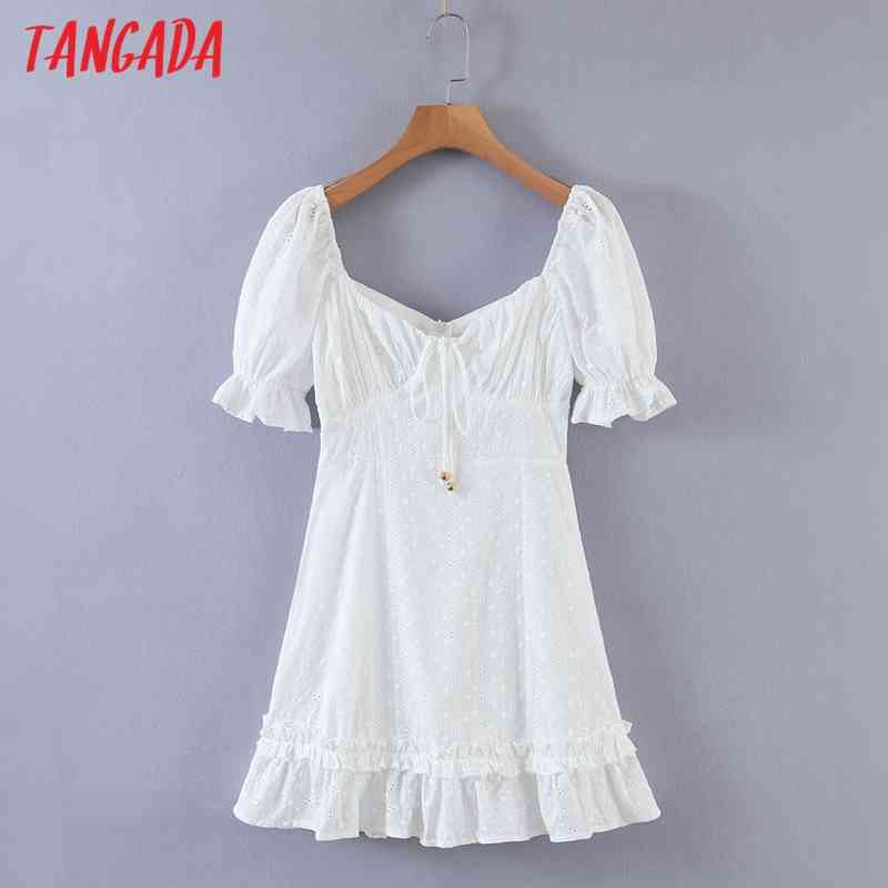 Women Summer Lace White Ruffles Short Sleeve Back Zipper Ladies Dress 8M13 210416