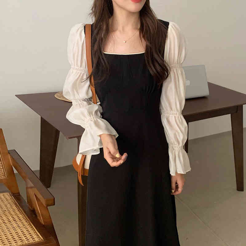 Autumn Women Vintage Dress Puff Sleeve Patch High Waist Slim Elegant Hit Color Maxi Korean Fashion Clothes 210519