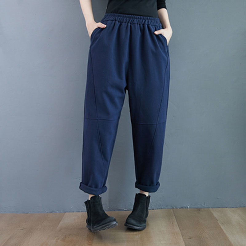 Autumn Winter Arts Style Women Elastic Waist Loose Casual Harem Pants Thicken Warm Cotton Trausers Femme Plus Size S7 210512