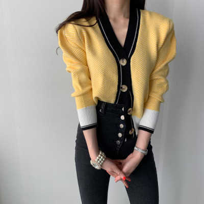 V-neck Single-breasted Korean Cardigan Sweater Women Autumn Winter Color-blocked Long Sleeve Fashion Elegant Ladies Tops 211011Z