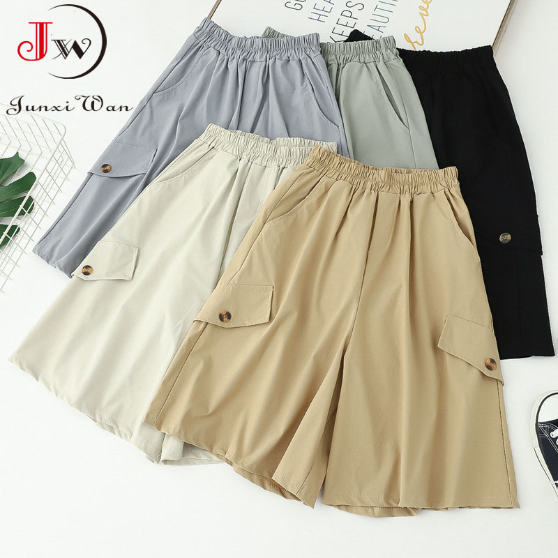 Women Summer Solid Cotton Wide Leg Pants Elastic Waist Loose Korean Casual Knee Length Shorts Skirts Girls Midi Trousers Pocket 210510