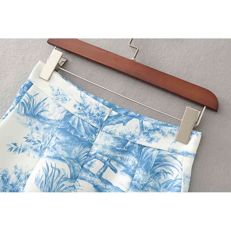 elegant women blue and white printing skirts fashion ladies side slit female button girls chic 210430