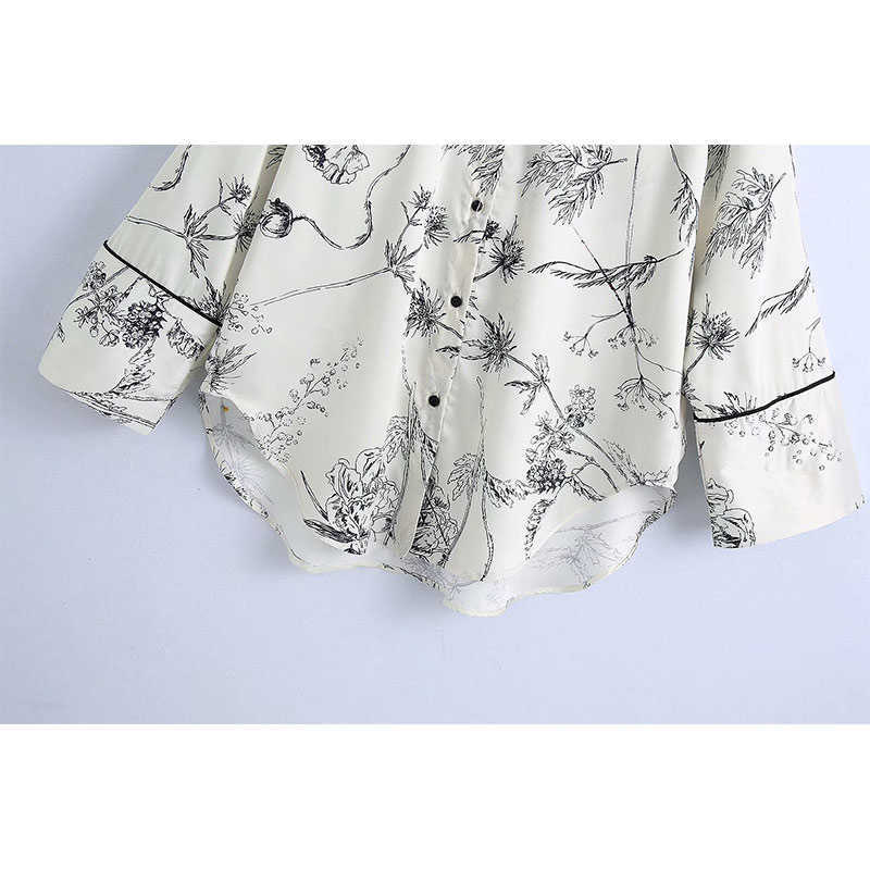Blouse Women Sketch Print Shirts Fashion Ladies Turn Down Collar Satin Tops Streetwear Female Chic Loose Blouses 210628