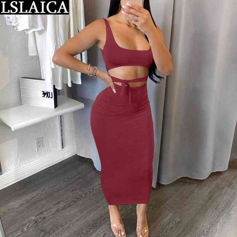 Summer Two Piece Set Women Solid Color Sling Tops and Long Skirt Sleeveless Lace Up Casual Backless 2 210520