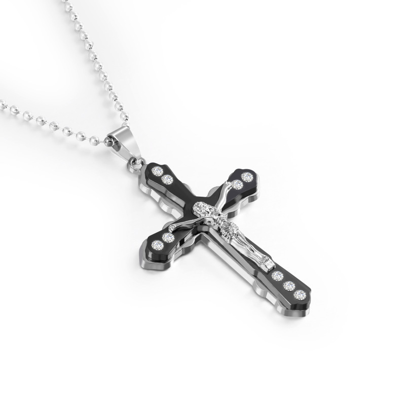 Three-Layer Stainless Steel Wave Design Jesus Cross Pendant Necklace - Unisex Titanium Alloy Religious Accessory