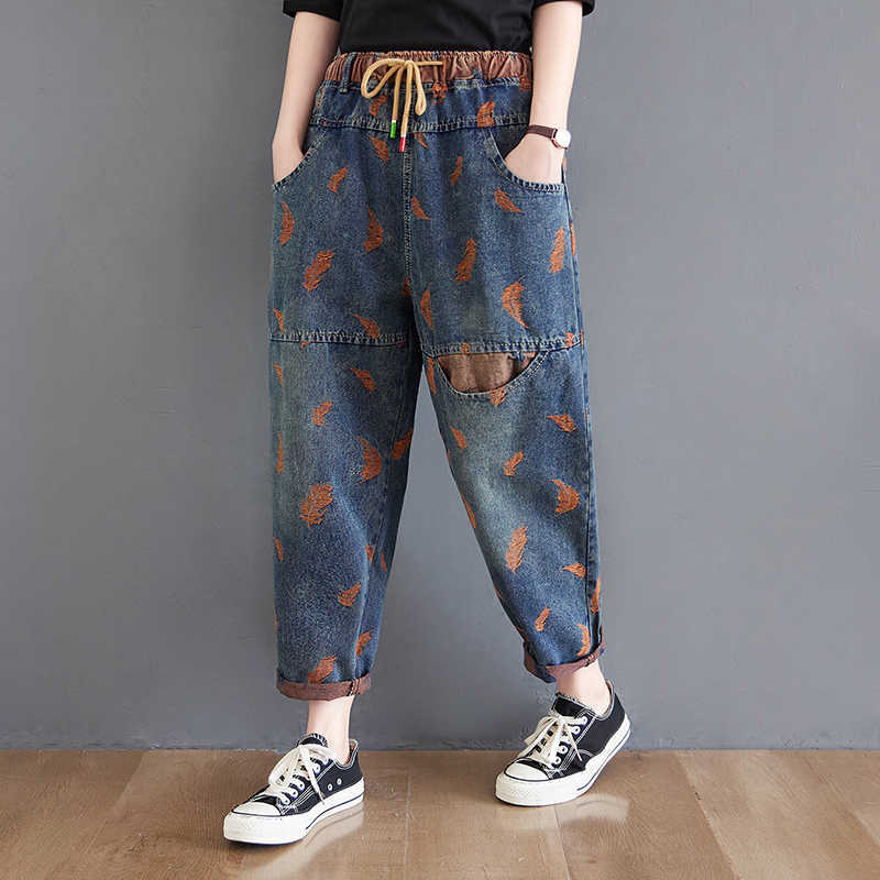 Oversize Jeans For Women Spring Street Feather Embroidery Color Contrast Loose Thin Drawstring Pocket Elastic Waist Denim Pants 210922