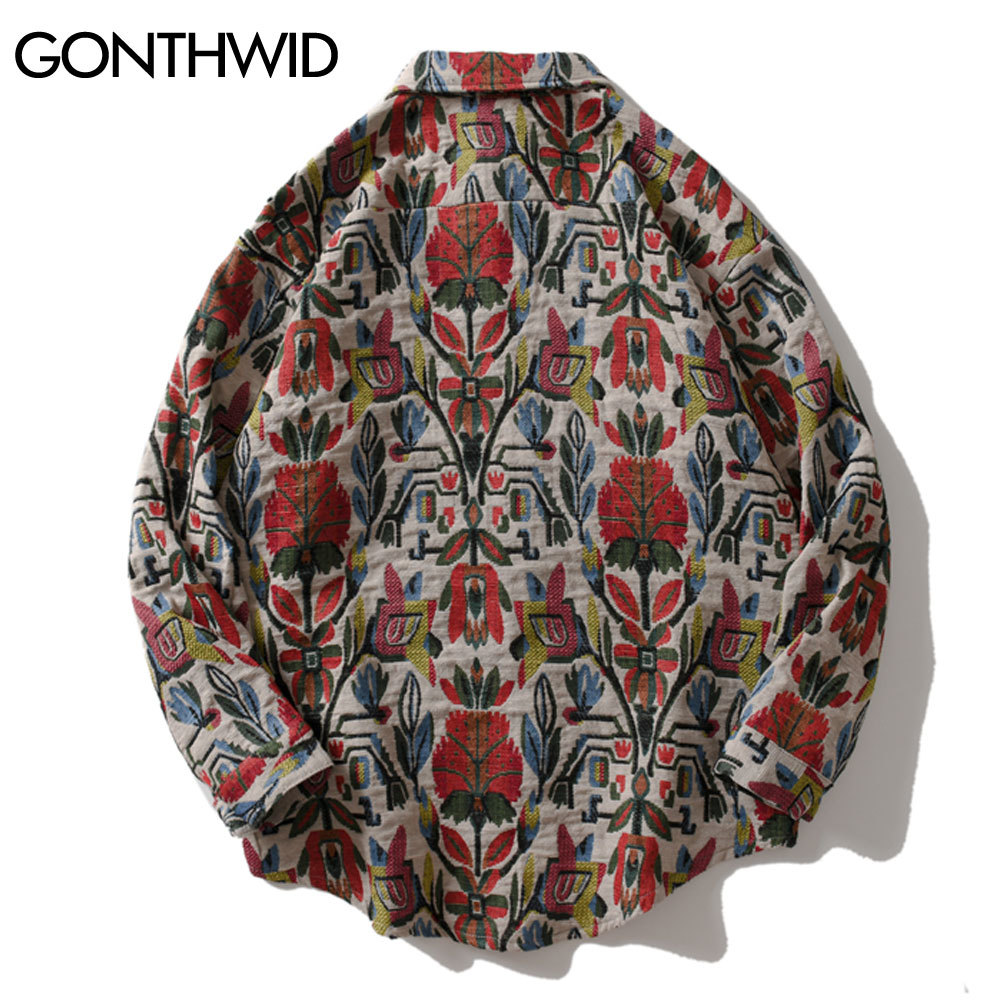 GONTHWID Southwestern Aztec Tribal Indian Button Shirts Streetwear Hip Hop Casual Flowers Patterned Long Sleeve Shirt Coats Tops 210410