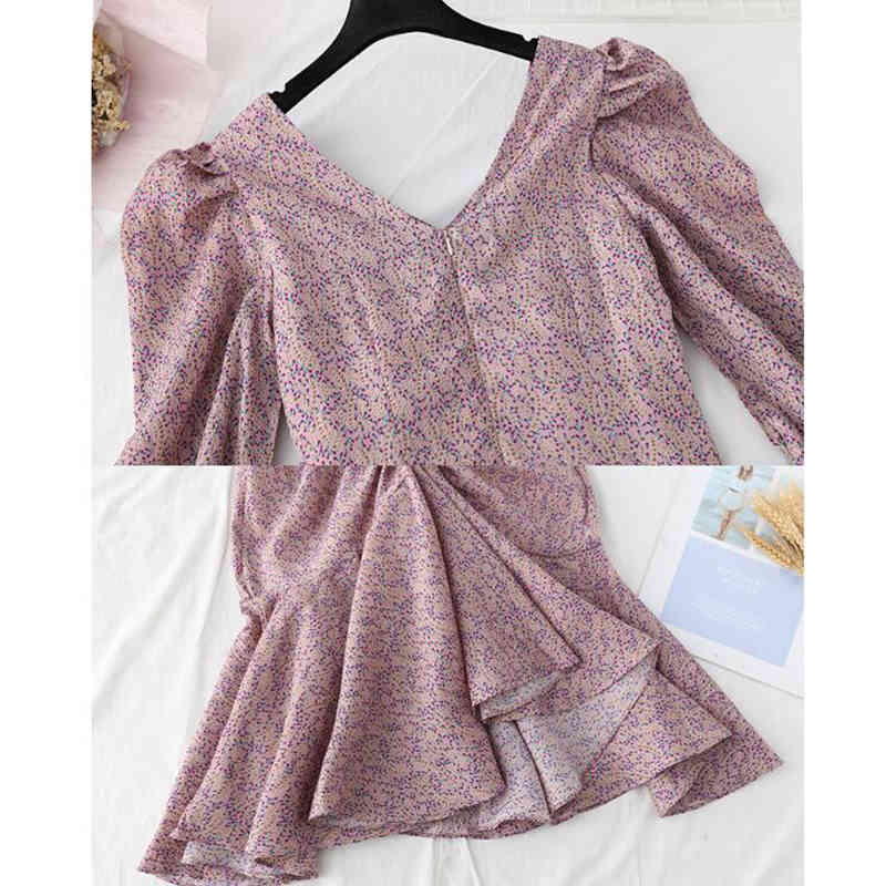 Spring Vintage Floral Chiffon Midi Dress Sexy V-neck Lotus Leaf Fish Tail Dresses Elegant Women Party Long Sleeve Dress 210521