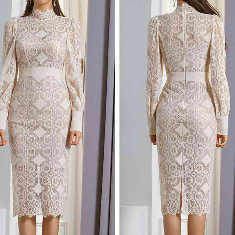 Summer Elegant Slim Bodycon Lace Dress Women stand neck Long Sleeve Sexy Work Casual Party Dresses New OL Pencil Vestidos 210409