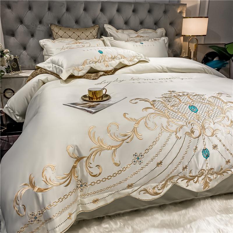 Luxury White Satin Silk Cotton Bedding Set Soft Silky Gold Embroidery Duvet Cover Flat/Fitted Sheet Pillowcases Home Textiles Sets
