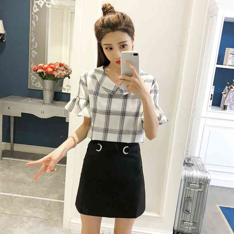 fashion sweet lady short sleeved blouses plaid women tops peter pan collar clothing summer casual shirts 0426 40 210506