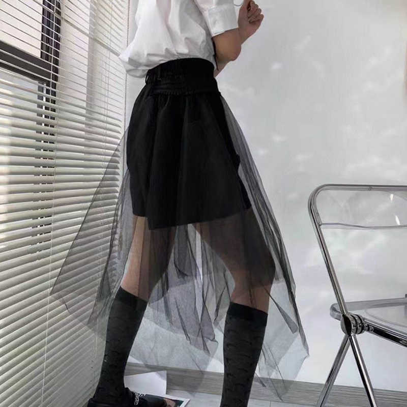 Casual Black Patchwork Mesh Irregular Short For Women High Waist Straight Loose Korean Shorts Female Summer Fashion 210531