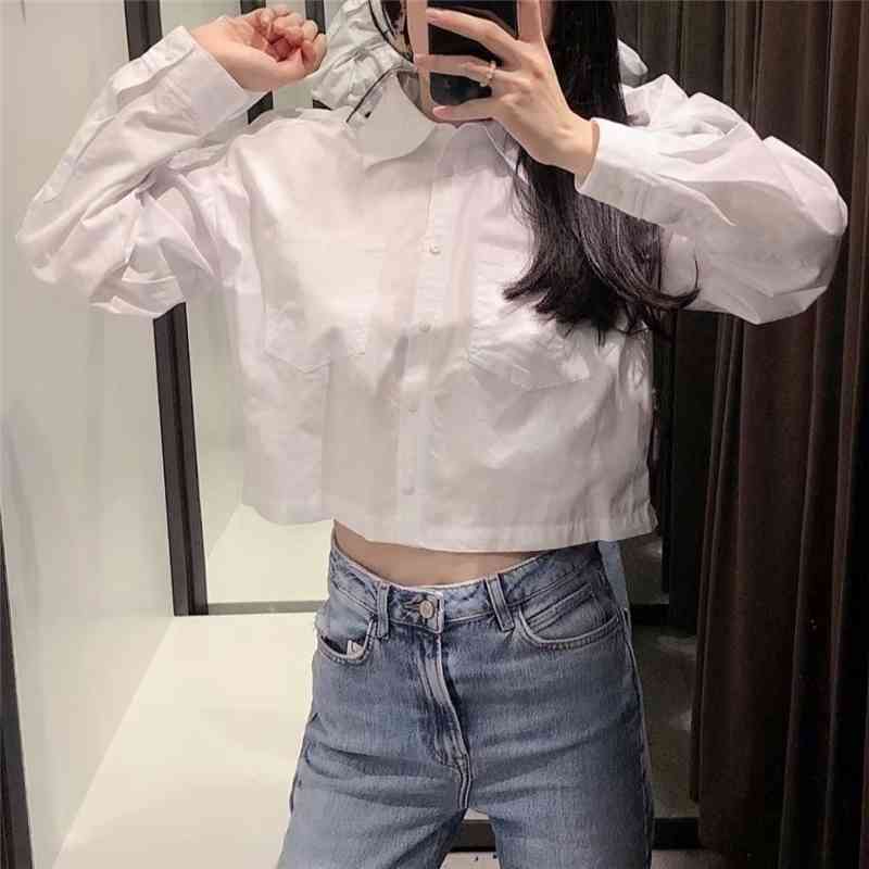 Elegant Women Turn Down Collar Shirts Fashion Ladies Pocket Shorts Tops Streetwear Female Chic White Blouses 210430