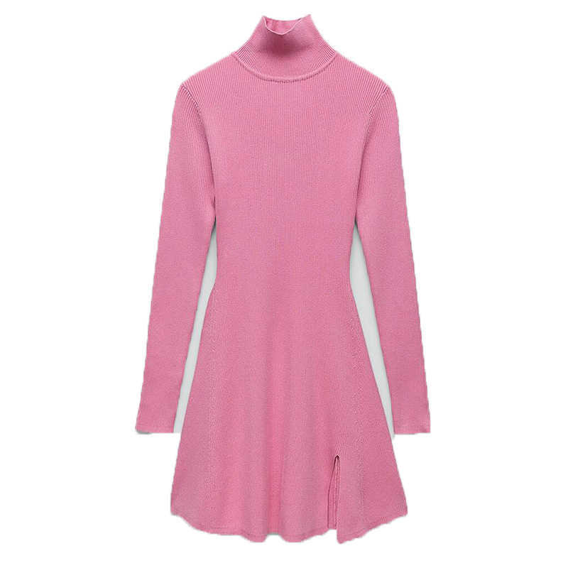 Women Fashion Chic Pink Side Split Slim Knitted Mini Dress Female Elegant Turtleneck Long Sleeve Dresses Vestidos 210630