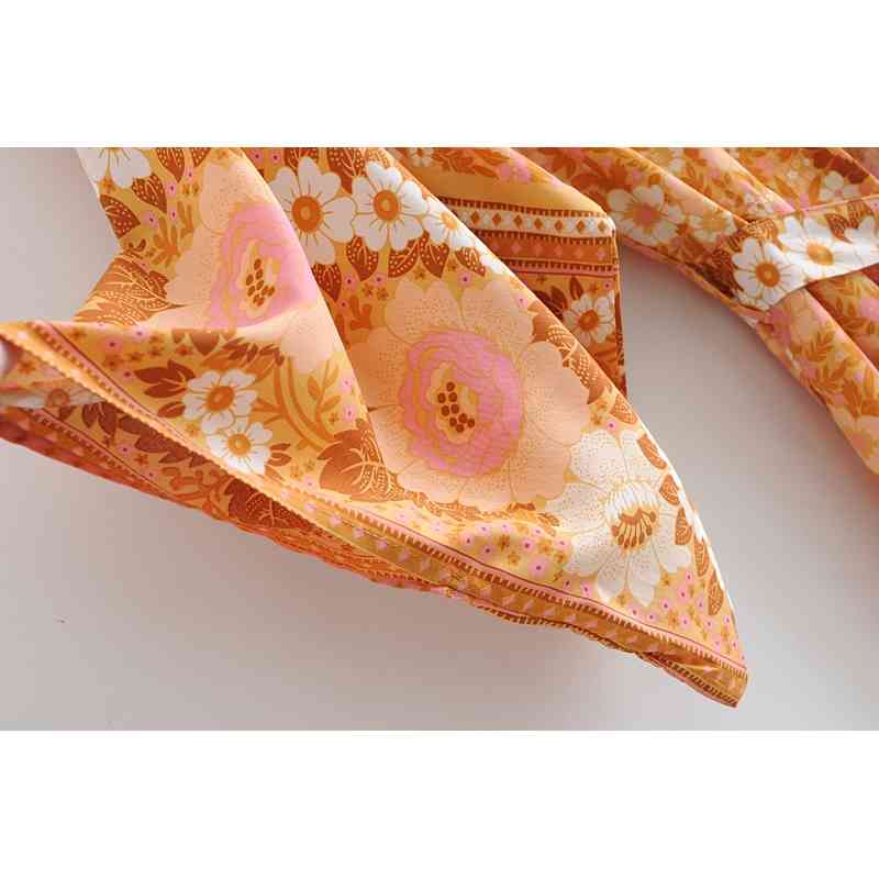 Bohemia V neck Orange Flower Print Maxi Long Kimono Shirt Ethnic Women Lacing up Bow Sashes Cardigan BOHO Loose Blouse Tops 210429