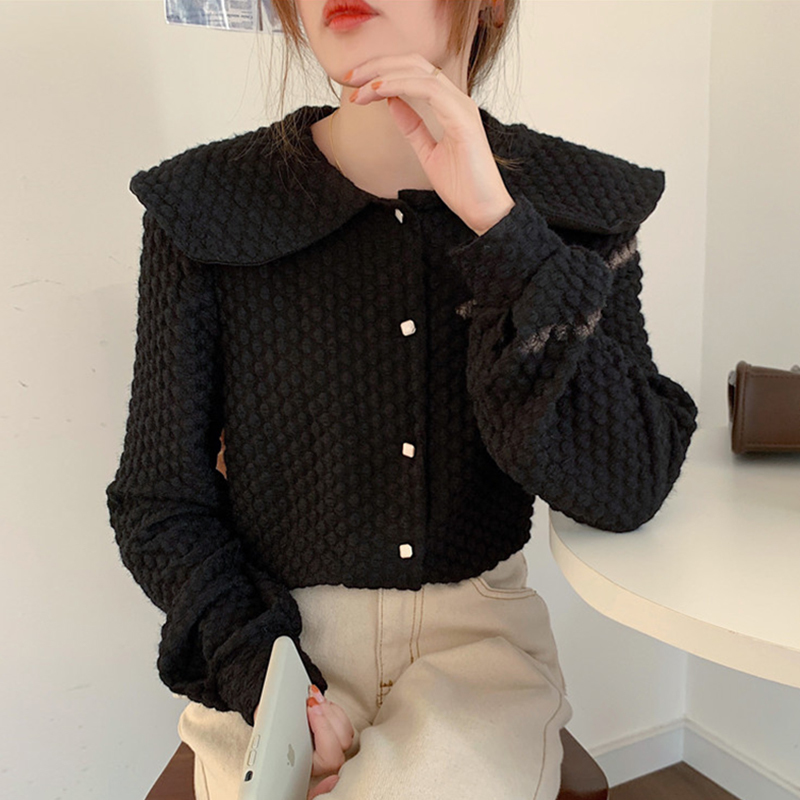 Nomikuma Sweet Peter Pan Collar Women Blouse Korean Autumn Winter Thick Top Blusas New Causal Femme Shirts Mujer 6D709 210427