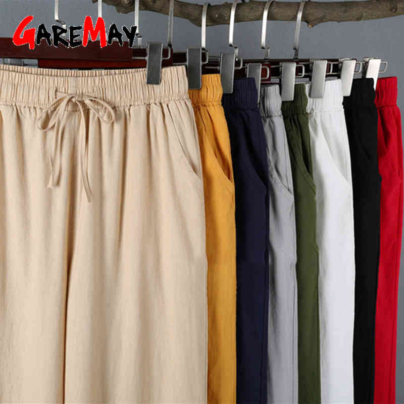 Casual Cotton Linen Pants Women Spring Summer Loose Capri Wide Leg Khaki Elastic Waist Solid Basic Trousers for 210428