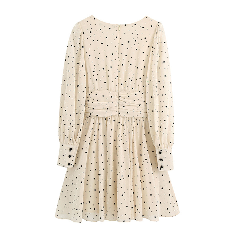 Casual Dot Dress V Neck Elegant Mini Long Sleeve Bandage Pleated Chiffon Women Summer Autumn Vestidos Mujer 210515