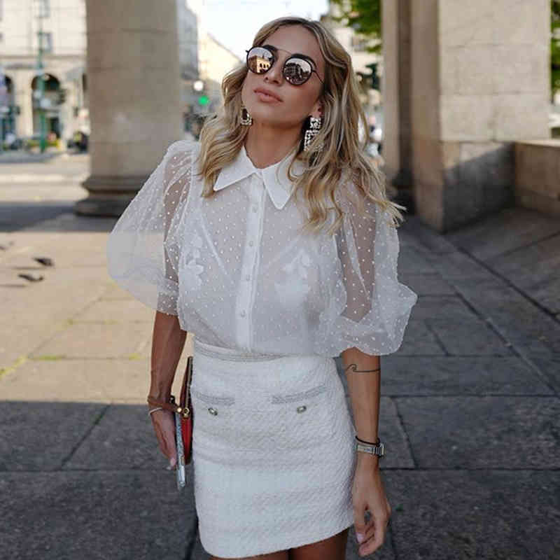 Women White Lace Blouses Dot Embroidery Blouse Shirt Sexy See Through Mesh Chic Tops Blusas Lantren Sleeve Loose 210508