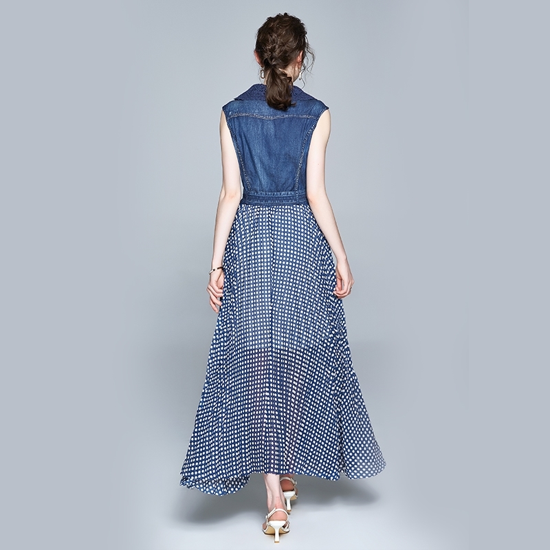Fashion Women Summer Elegant Denim Dress Femme Vintage Dot Patchwork Runway Sleeveless Long Vestidos 210520