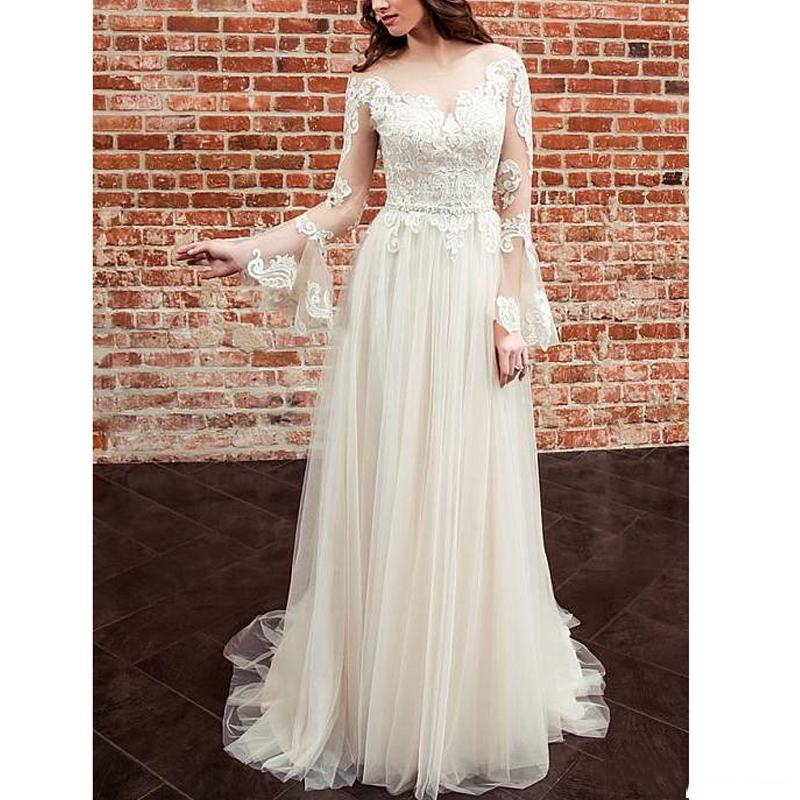 Flare Long Sleeve Bohemian Wedding Dresses A-e Bridal Gowns Appliques Lace See Through Sheer Back Sexy Boho Beach Bride Dress Vestidos Brautkleider
