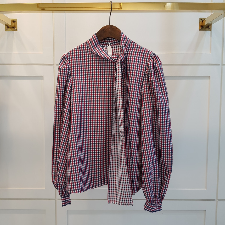 Spring Autumn OL Elegant Minimalist Bow Collar Plaid Shirt Women Blouses Work Wear Chic Loose Puff Sleeve Tops 210421