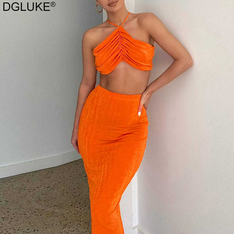 Halter Crop Top And Skirt Set Sexy Women Outfits Summer Dress Sets Cami Top Two Piece Set Skirt Elegant Party Club Outfits 210714