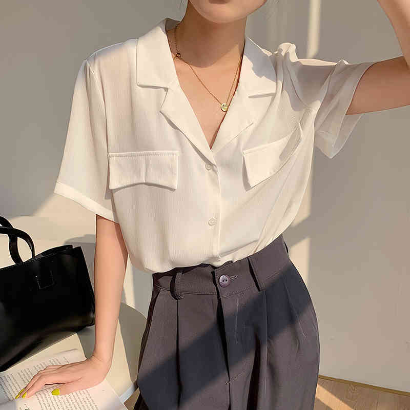 Summer Korean Vintage Women Shirt Tops Notched Collar Single Breasted Pockets Female Blouses Blusas Mujer 210514