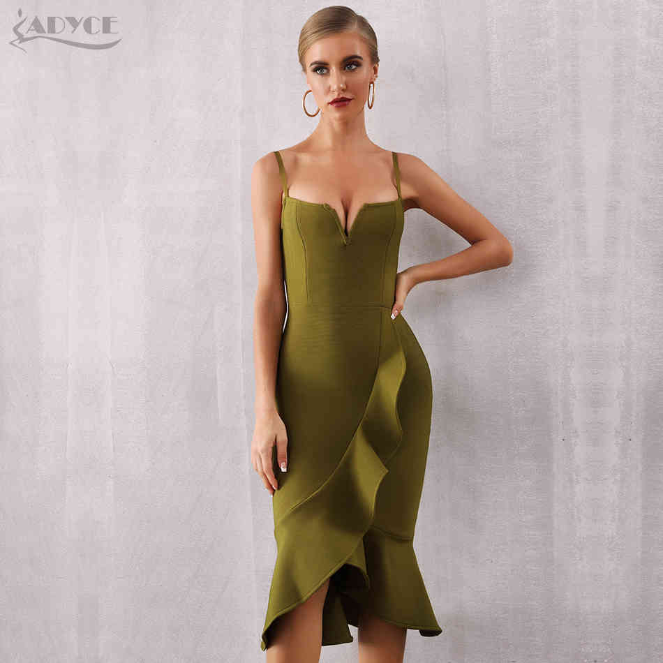 Summer Women Ruffles Bandage Dress Sexy Spaghetti Strap Sleeveless Mermaid Club Celebrity Evening Party 210423