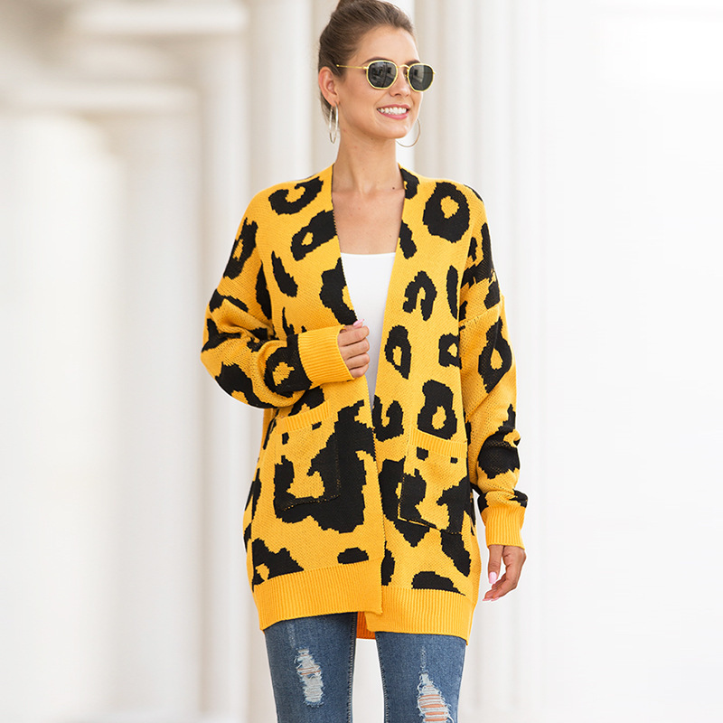 Chu Sau beauty Autumn Winter Casual Leopard Women Knitted Tops Chic V-neck Ladies Warm Long Cardigans Plus Size Sweaters 210508