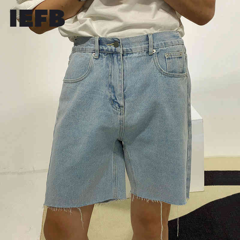 IEFB Summer High Waist Denim Shorts Men's Korean Trend Loose And Thin With Rough Edge And Wide Leg Jeans Shorts Fashion 9Y7421 210524