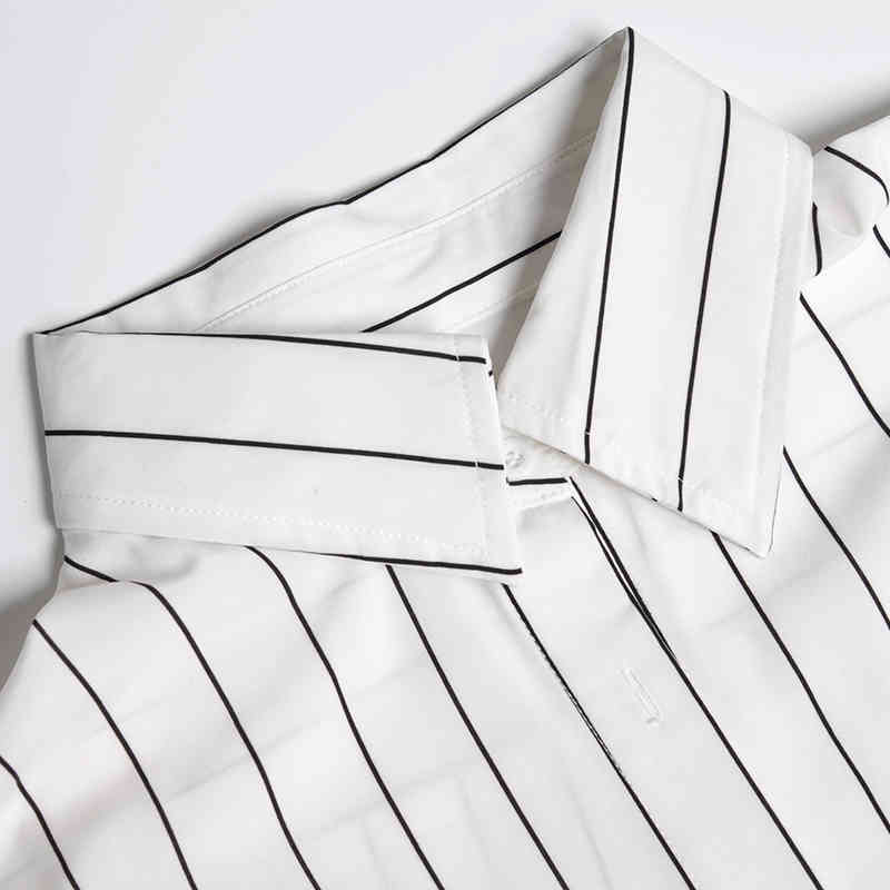 DEAT New Summer Fashion Women Clothes Turn-down Collar Full Sleeves Striped Spliced Sequins Shirt Dress Tide WL86000XL 210428