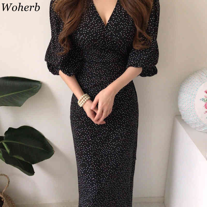 Maxi Dresses for Women V-neck Elegant Vestidos Feminino Bandage Slim Waist Robe Puff Sleeve Vintage Korean Chic Dot Dress 210422