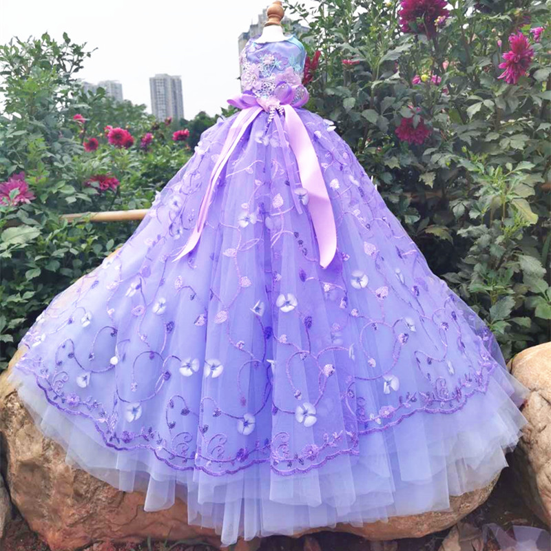 Handmade Clothes Dog Apparel Dress Purple Embroidery Pearl Flowers Lace Skirt Dancing Party Cat Pet Tailing Wedding Gown Poodle Maltese