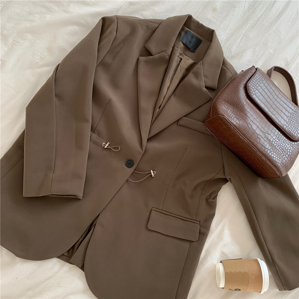 OL Notched Vintage Solid Drawstring Waist Blazer Jacket Autumn Winter Formal Women Blazers Suit Coat Female 210421