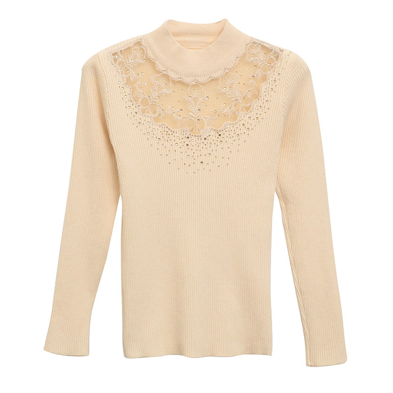 Women's Knitwear Solid Long Sleeve Bottoming Shirts Autumn and Winter Women Half-turtleneck Lace Hollow Pullover 11565 210427