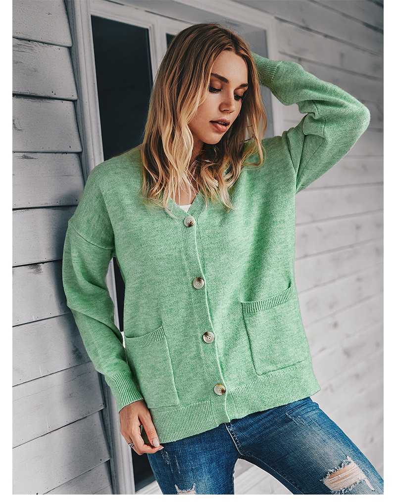 Fashion V-neck Casual Cardigans Autumn Winter Single Breasted Cardigan Women Full Sleeve Pocket Knitted Sweater Tops 210604