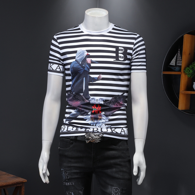 2022 new short-sleeved men's tops trendy striped T-shirts mercerized cotton European embroidery printed casual bottoming shirts, Customize
2022 new short-sleeved men's tops trendy striped T-shirts mercerized cotton European embroidery printed casual bottoming shirts, Customize