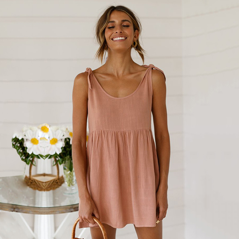 Spring New Spaghetti Strap Dress Women Casual Solid Lace Up Short Sleeveless Dress For Women O Neck Summer Sling Dress 210331Z