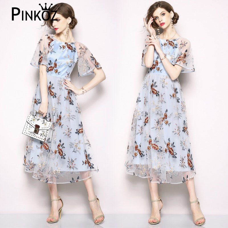 elegant summer maxi dress women light blue flower mesh dresses embroidery floral prairie chic drees beach vestidos mujer 210421