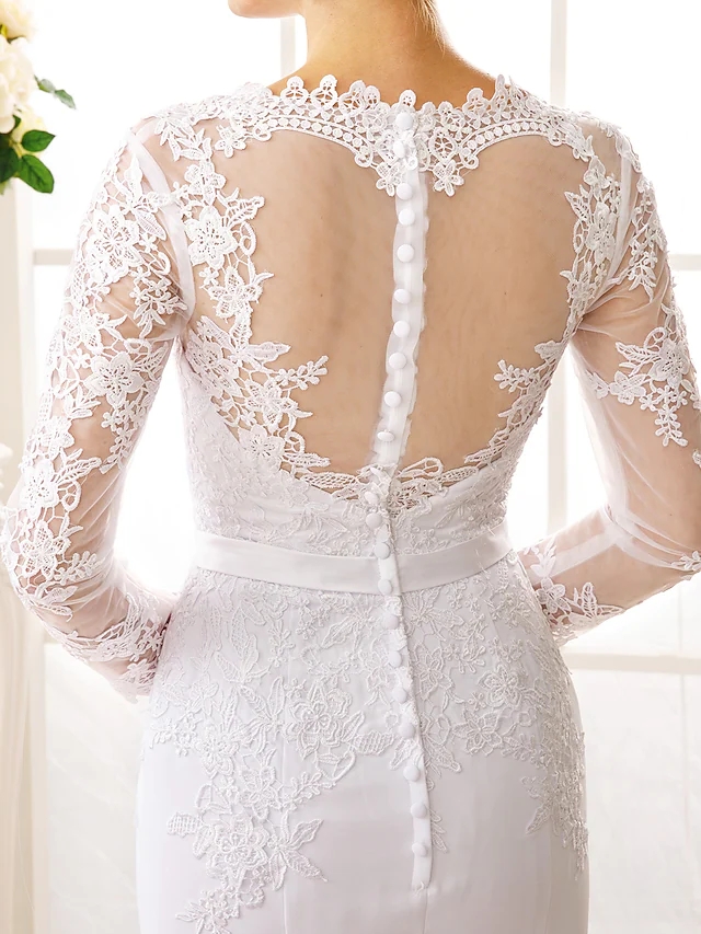 2022 Bridal Gown Trumpet Wedding Dress V Neck Court Train Chiffon Floral Lace Long Sleeve Sexy See-Through Backless Illusion Vestido De Noiva Robe De 