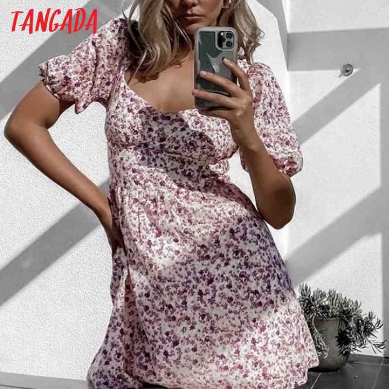 Summer Women Flowers Print Backless Bow Short Sleeve Ladies Mini Dress Vestidos 8M9 210416