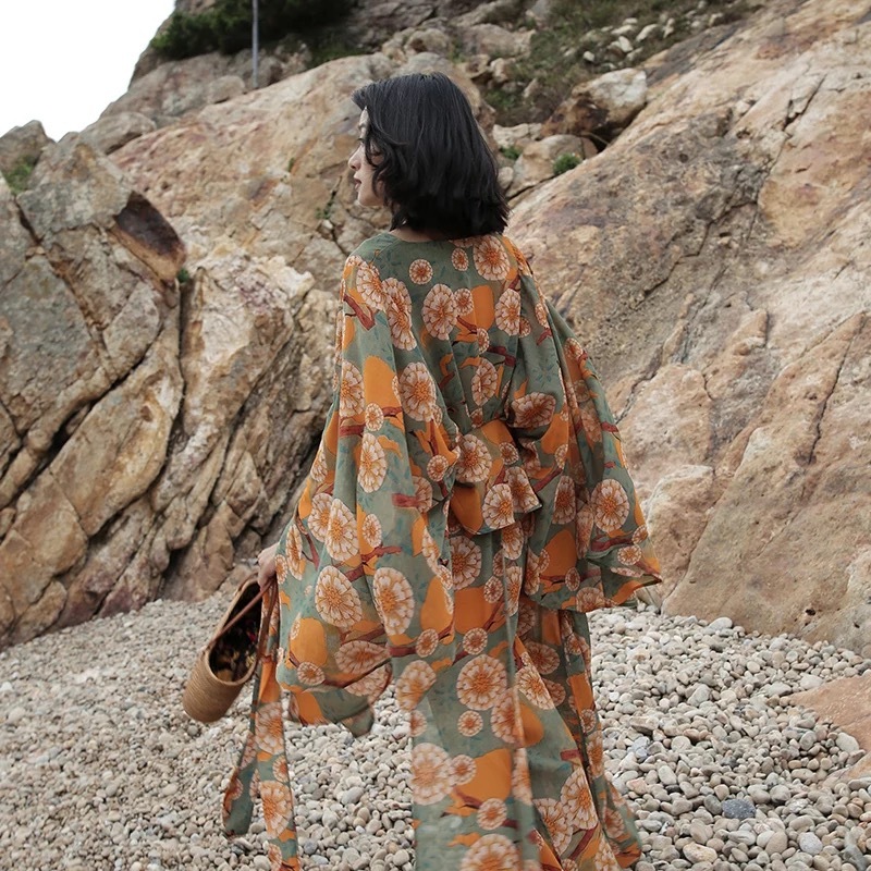 Womens Sets Two Piece Boho Chic Floral Beach Holiday Wide Leg Pants + V-neckTop Set Vintage Outfits For Women 210421