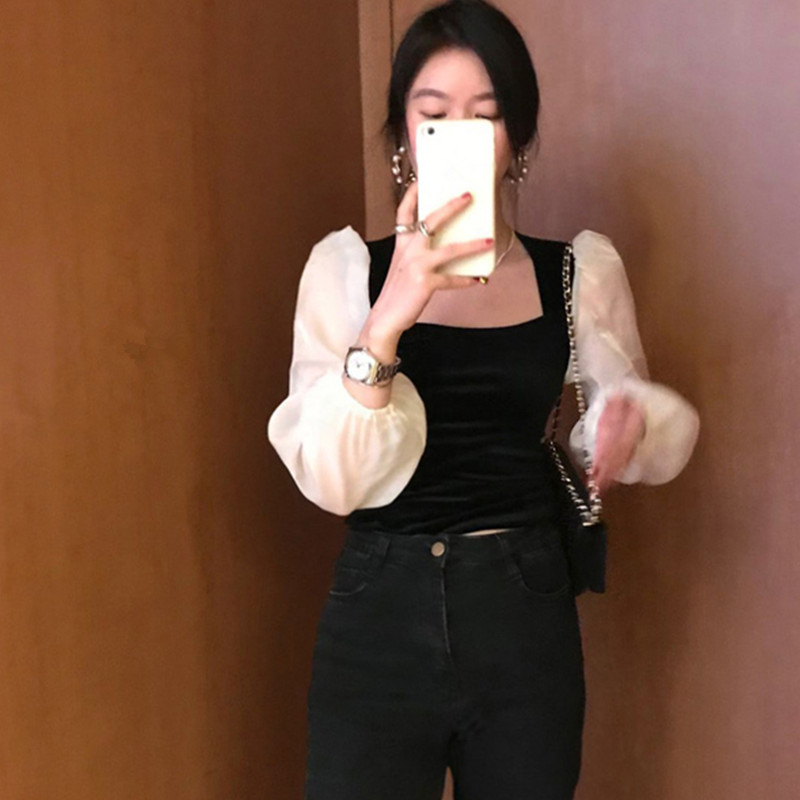 Nomikuma Korean Velour Women Shirt Puff Long Sleeve Hit Color Patchwork Square Collar Blusas Spring Slim Blouses New 6E377 210427