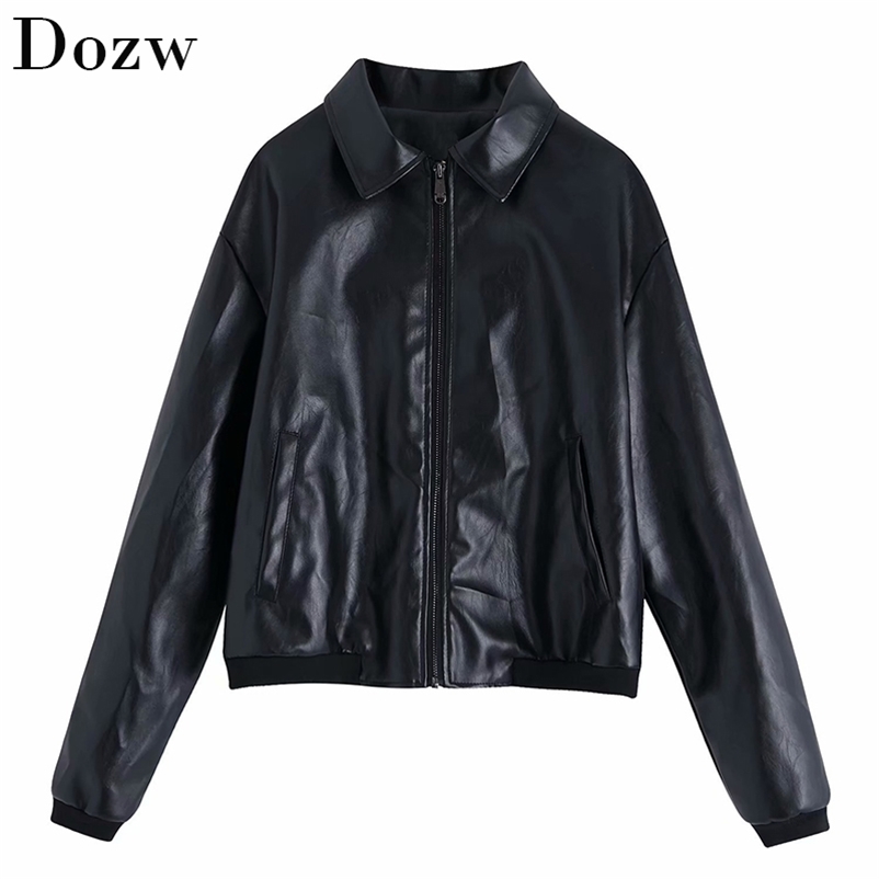 Fashion Black Color PU Leather Coat Women Turn Down Collar Zipper High Street Jacket Long Sleeve Ladies Tops Chaqueta Mujer 210515