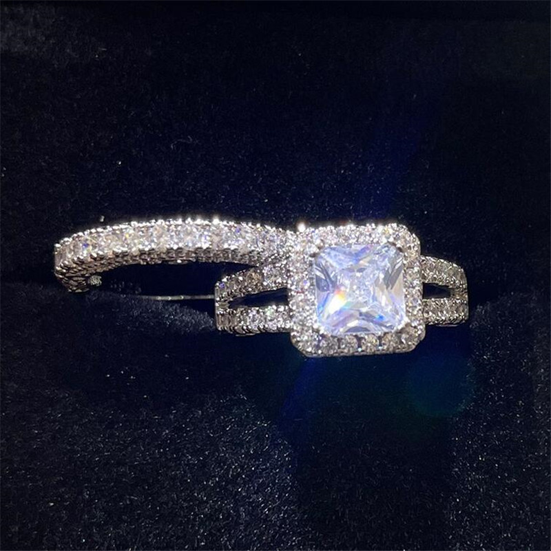 Choucong Women Fine Wedding Rings Luxury Jewelry Couple Real 925 Sterling Silver Princess Cut White Topaz CZ Diamond Gemstones Engagement Bridal Ring 
