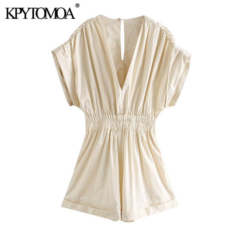 Women Chic Fashion Loose Pleated Playsuits Vintage Short Sleeve Elastic Waist Female Jumpsuits Mujer 210416