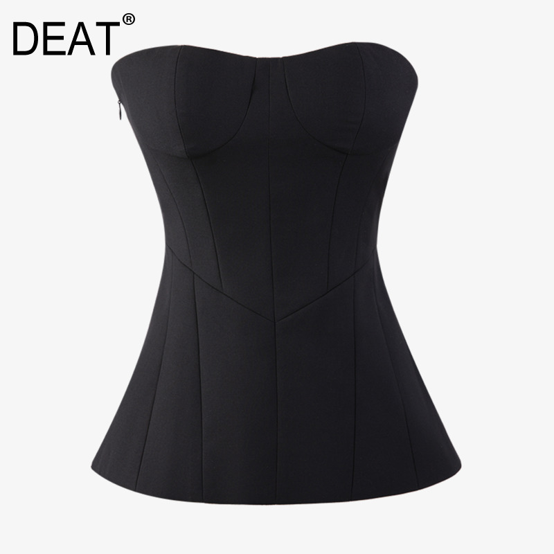 [DEAT] Street Style Off Shoulder Zipper Chest Three Dimensional Fishbone Corset Chest Wipe Base Strapless Top Summer GX1113 210428
